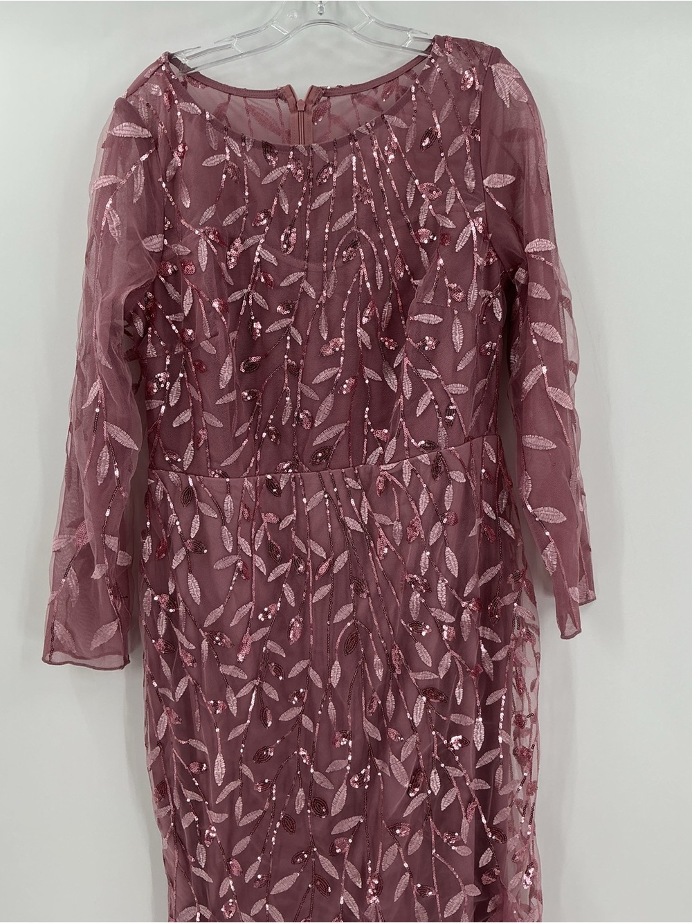 Sequin Leaf Embroidered Mermaid Gown Mauve 3/4 Sleeve Formal Dress S - Picture 3 of 13